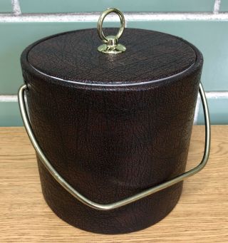 Vintage Shelton Ware Brown Faux Leather Vinyl Ice Bucket Bar Ware W/ Gold Handle