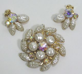Vtg Jewelry Set Beau Jewels Brooch Earrings Baroque Art Glass Navettes Rhineston