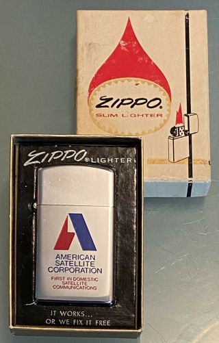 Vintage 1975 Boxed Zippo Slim Lighter Advertising American Satellite Corporation