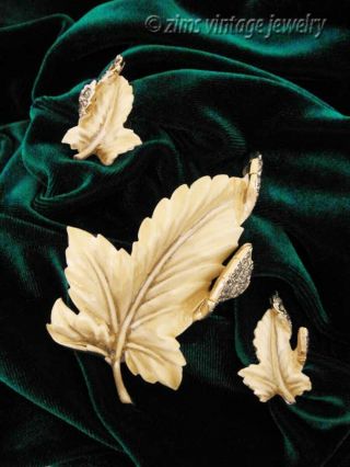 Vintage Coro Francois Signed Gold Enamel Leaf Rhinestone Pin Brooch Earrings Set