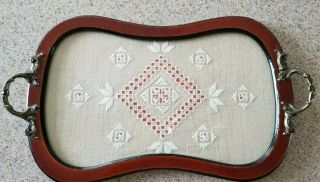 Vintage Wooden Serving Tray With Lefkara Lace.  Exc.