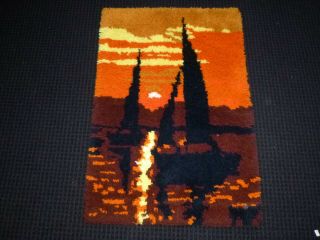 Vtg 70s Completed Latch Hook Rug Sailboats In Sunset 25x36