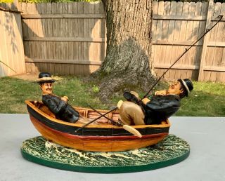 Vintage Large 18 X 9 X 9 Laurel & Hardy Figurines Fishing In Boat W/accessories