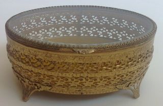 Vintage Glass Ormolu Filigree Footed Jewelry Casket Gold Tone Oval Box