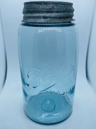 Antique (early 1900s) Vintage Ball Mason Jar Aqua Quart Triple L Zinc/glass Lid