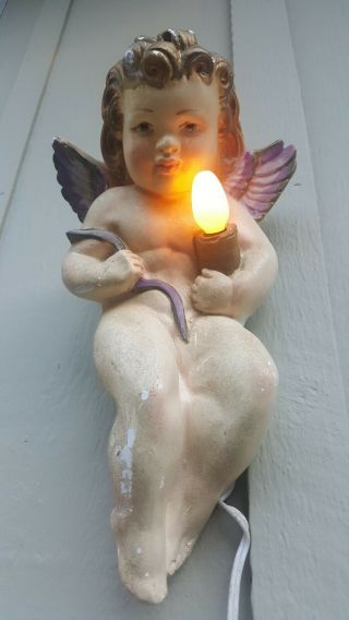 Antique /vintage Religious Guardian Angel Statue - Chalkware Wall Lamp Rare 12 "