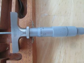 Vintage LUFKIN No.  212 Chrome Clad Micrometer Depth Gage Tool w/ Wood Box 0TO3 