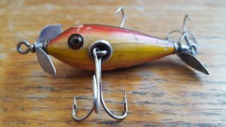 Vintage Unmarked Wood Glass Eye Fishing Lure.  Heddon?? Rare Tiny 2 1/4 " 3 Hook.