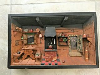 Vintage German Diorama Shadow Box Kitchen Wood Hand Painted Carved Wood