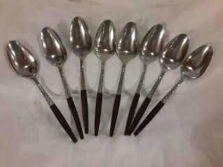 8 Vintage Interpur Stainless Steel Flatware Japan Wood Handles Mcm Soup Spoons