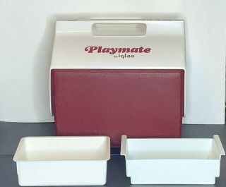 Vintage Playmate By Igloo Red While Cooler Push Button With Two Trays