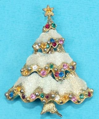 Vintage Christmas Tree Pin Brooch Ruffled White Enamel Snow Rhinestone Unsigned