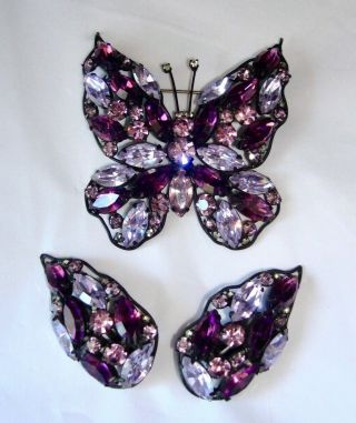 Vintage Set,  La Roca Large Butterfly Brooch & Matching Clip Earrings Signed