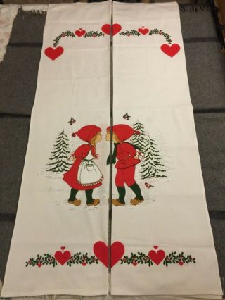 2p Vintage Swedish Christmas White Curtains Kissing Elves Snowy Trees Red Hearts