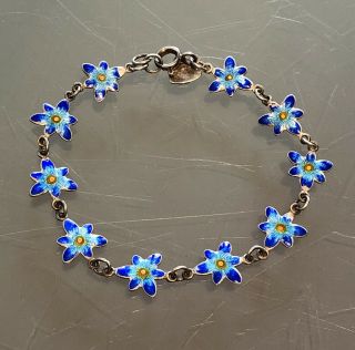 Vintage Blue Enamel Sterling Silver Flower Bracelet 925 Fas Italy 925