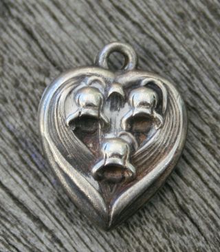 Vintage Sterling Puffy Heart Charm - Flower Of The Month - May Lily Of The Valley
