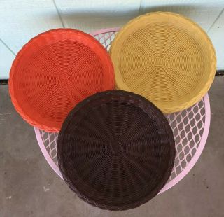 Set Of 6 Vtg Mcm Plastic Basket Weave Paper Plate Holders Brown Orange Yellow