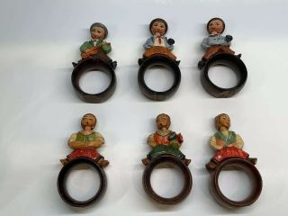 6 Vintage Anri Wooden Hand Carved Napkin Ring Set Moveable Heads Bobbleheads