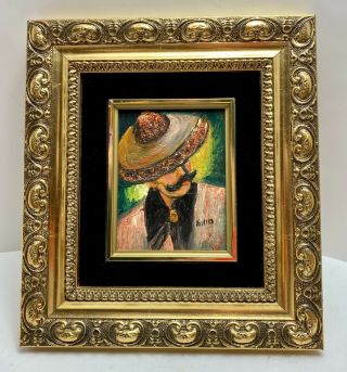 Vintage Velvet Framed Signed Oil Painting Mexican Mariachi Man Sombrero Portrait