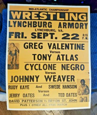 Vintage Nwa Wrestling Poster 1970s Lynchburg Va Greg Valentine Tony Atlas