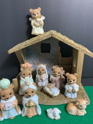 Vintage Teddy Bear Nativity Set With Nativity Barn Homco 10 Piece Set Retired