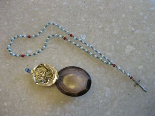 Little Vintage Rosary Box W/ Metal Hinged Lid,  Small Rosary W/ Seed Beads