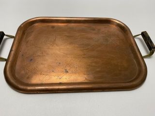 Antique Vintage Solid Copper Serving Breakfast Tray 14” X 10” Wood Handle Patina