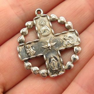 925 Sterling Silver Vintage Four - Way Medal Cross Religious Theme Pendant