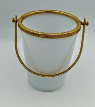 Vintage White Milk Glass Ice Bucket W/ Herringbone Brass Rim,  Barware Mcm