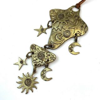 Vintage Necklace Pendant Dangling Star Moon Sun Brass Tone Metal On Chord