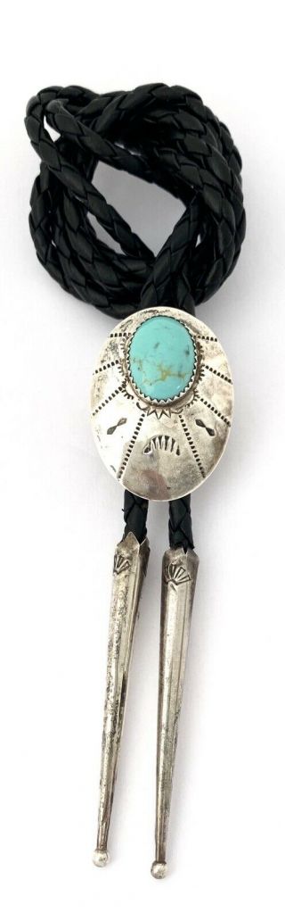Vintage Navajo Sterling Silver & Turquoise Bolo Tie By E.  Pete