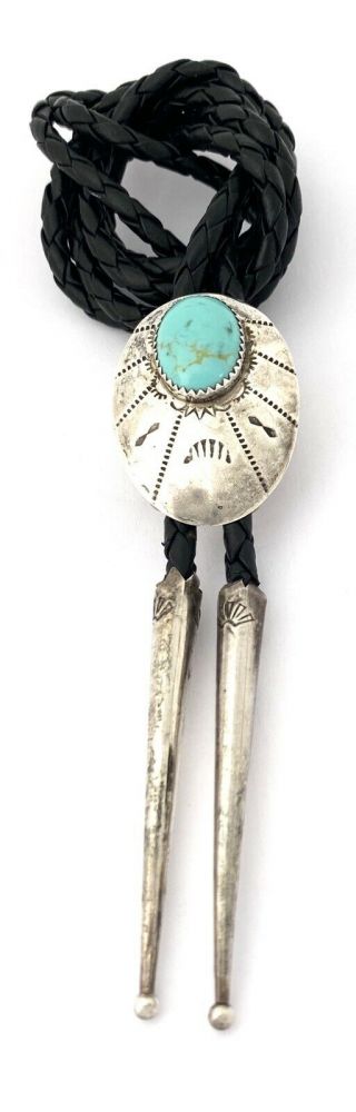 Vintage Navajo Sterling Silver & Turquoise Bolo Tie by E.  Pete 2