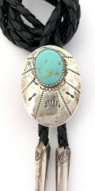 Vintage Navajo Sterling Silver & Turquoise Bolo Tie by E.  Pete 3