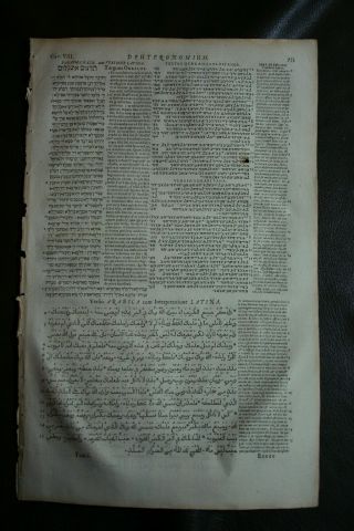 3 - 1657 London Polyglot Bible Leaves - Pages - Deuteronomy 8 - 9 - Walton First Edition