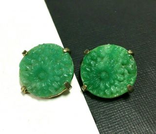 Vintage Molded Green Peking Glass Clip Earrings Mid Century Gold Flowers Ss71e