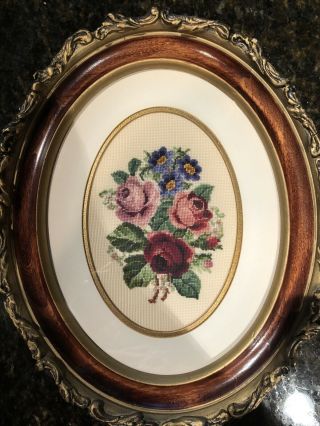 Vintage Needlepoint Petit Point Detailed Roses Oval Wood & Gold Gilt Frame