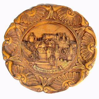 Vintage German Carved 3 - D Wooden Wall Plaque Wood Plate Nurnberg - Burg Townscape