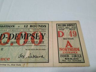 Rare 1919 WILLARD vs DEMPSEY HEAVYWEIGHT BOXING TICKET Toledo July 4 3