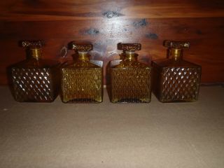 4 Vintage Amber Brown Pressed Glass Diamond Cut Square Bottle Decanters Stoppers