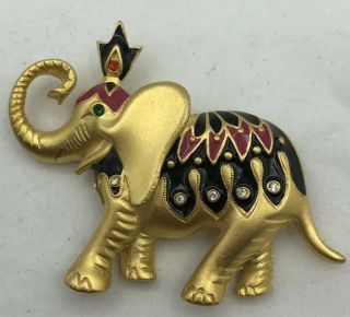 Vintage Bob Mackie Enamel Rhinestone Gold Tone Elephant Brooch Pin