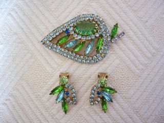 Vintage Quality Prong Set Blue & Green Rhinestone Brooch/pin & Clip Earring Set