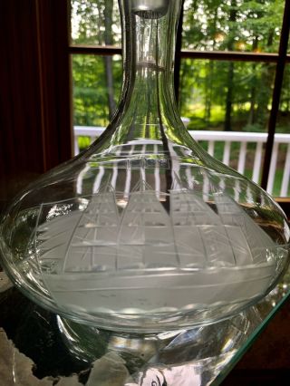 Vintage Glass Decanter Toscany Made In Romania Etched W/ Clipper Ship W: Label