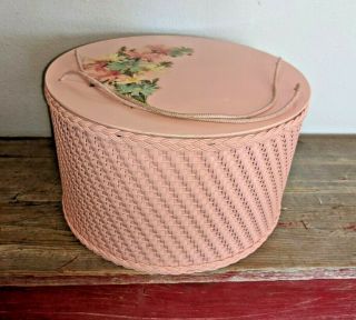 Vtg Princess Pink Wicker Round Hat Box Style Sewing Basket Floral Decals Spools