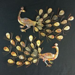 Vintage Mid - Century Two Metal Brass Peacock Wall Art Hanging Sculptures
