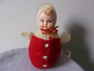 Vintage Knickerbocker Plush Christmas Winter Girl Rattle Doll,  Rubber Face