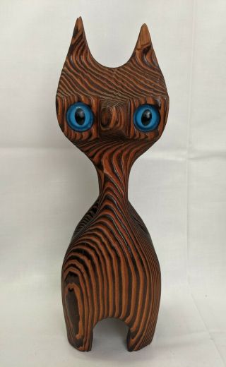 Vintage Mid Century Witco Wood Cat Sculpture W/ Blue Eyes