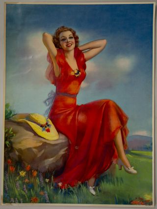 Vintage 1930s Rare Colorful Jules Erbit Pin - Up Poster Spring Beauty In A Field