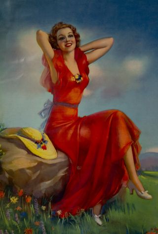 Vintage 1930s Rare Colorful Jules Erbit Pin - Up Poster Spring Beauty In A Field 3