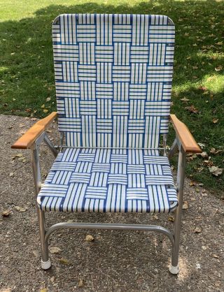 Vtg White Blue Webbing Hi Back Aluminum Lawn Chair Folding Wooden Arm Rest