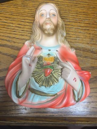 Vintage Catholic Sacred Heart Jesus Bust Statue Figure Plaque Mid Century